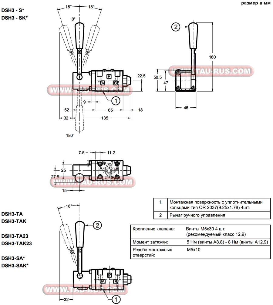 Размеры гидрораспределителей DSH3-S1/11N, DSH3-SK4/11N, DSH3-SK1/11N, DSH3-S2/10N, DSH3-SK3/11N, DSH3-SK2/11N, DSH3-TAK/10N, DSH3-S3/11N, DSH3-S4/10N