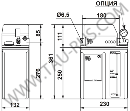 Габаритные и присоединительные размеры станции CME с баком 6 литров