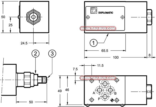 Габаритные и присоединительные размеры клапанов PCM3-PV/10N, PCM3-PTV/10N