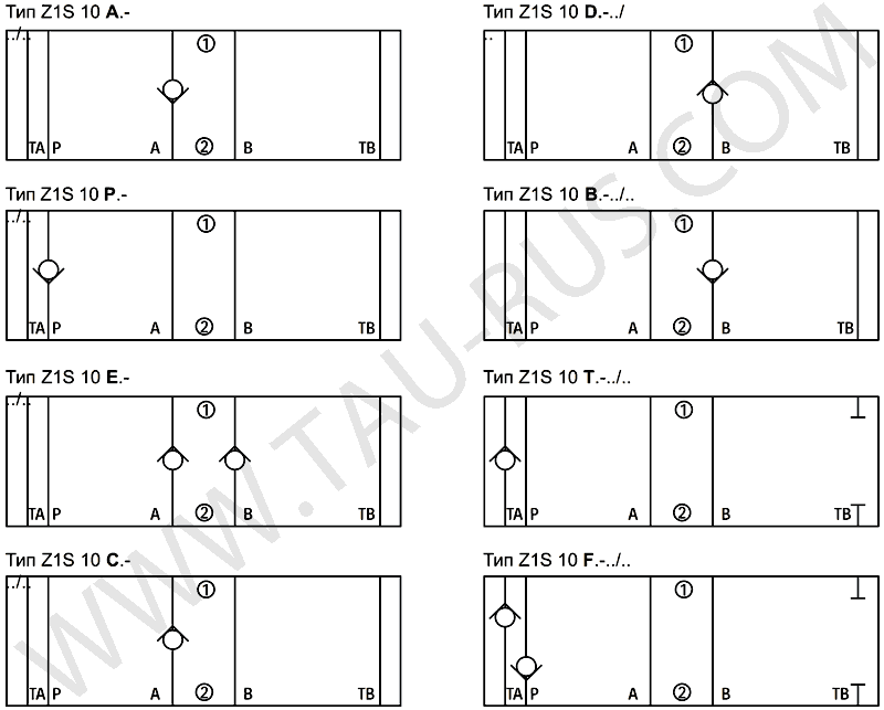 Гидросхемы клапанов Rexroth Z1S 10 A1(2,3)-33/V, Z1S 10 B1(2,3)-33/V, Z1S 10 C1(2,3)-33/V, Z1S 10 D1(2,3)-33/V, Z1S 10 E1(2,3)-33/V, Z1S 10 F1(2,3)-33/V, Z1S 10 P1(2,3)-33/V, Z1S 10 T1(2,3)-33/V