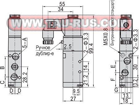 Габаритные и присоединительные размеры пневмораспределителей 4V110-06