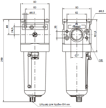 Размеры фильтра-влагоотделителя 1740EB.A(B,C).S Пневмакс (Peumax)