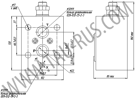 Габаритные и присоединительные размеры клапанов 20-10-2-11У, 20-20-2-11У, 20-32-2-11У