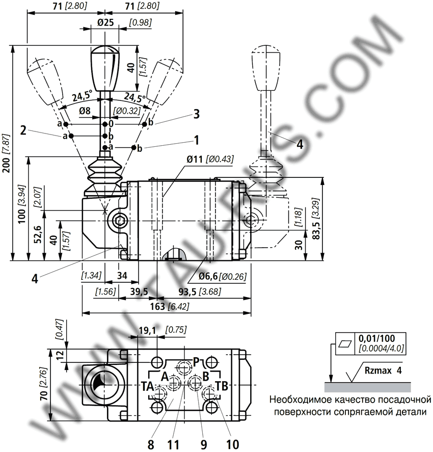 Габаритные и присоединительные размеры гидрораспределителей ВММ10 64Ф, ВММ10 44Ф, ВММ10 34Ф, ВММ10 24Ф, ВММ10 14Ф