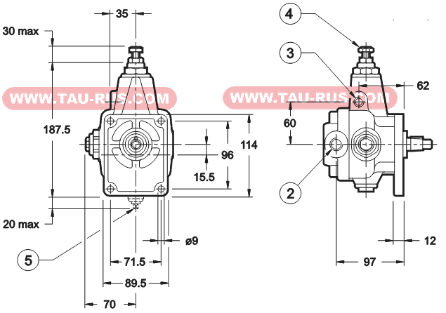 Размеры насосов пластинчатых PVD9H/30, PVD13H/30, PVD17H/30