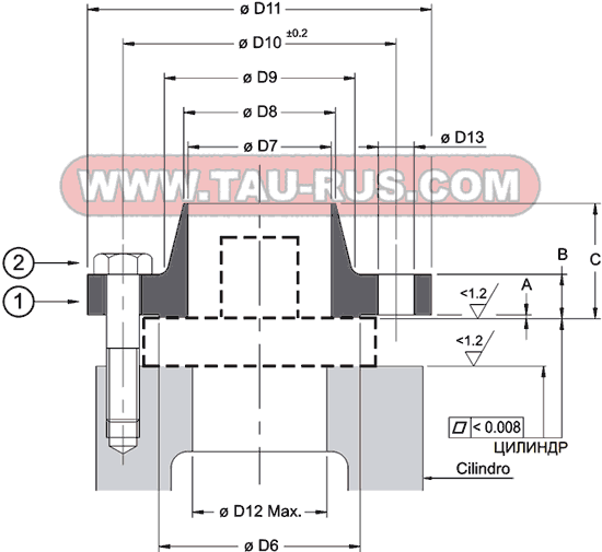 Установочные размеры для клапана наполнения CFP-S032/0(P)/10N, CFP-S040/0(P)/10N, CFP-S050/0(P)/10N, CFP-S063/0(P)/10N, CFP-S100/0(P)/10N
