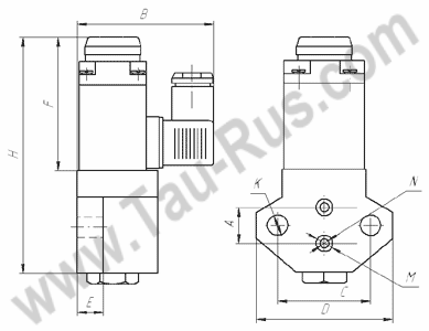 Размеры с соединителем СЭ11-19 вентиля ВВ 351 и ВВ 352