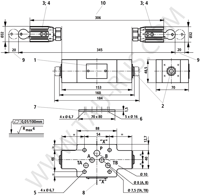 Присоединительные и габаритные размеры дроссельных плит Rexroth Z2FS10-3-3X/V, Z2FS10-A3-3X/S2V, Z2FS10-A3-3X/SV, Z2FS10-B3-3X/S2V, Z2FS10-B3-3X/SV