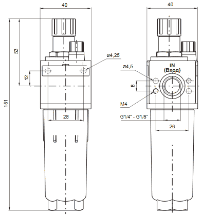Размеры маслораспылителей лубрикаторов ПНЕВМАКС (PNEUMAX) серии 17003 и 17103
