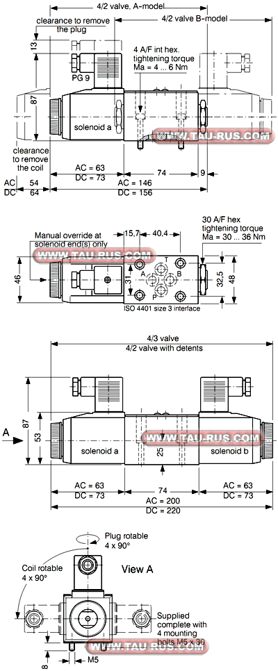 Размеры гидрораспределителей WEDO-43-H(F,G,D,J)-6-V-24VDC(115VAC,230VAC), WEDO-42-A(B,AN,BN)-6-V-24VDC(115VAC,230VAC)