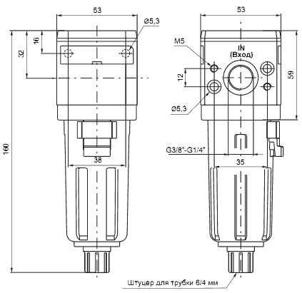 Размеры фильтров Pneumax 17201B.B, 17201B.A, 17201B.B.S, 17201A.B.S, 17201A.C