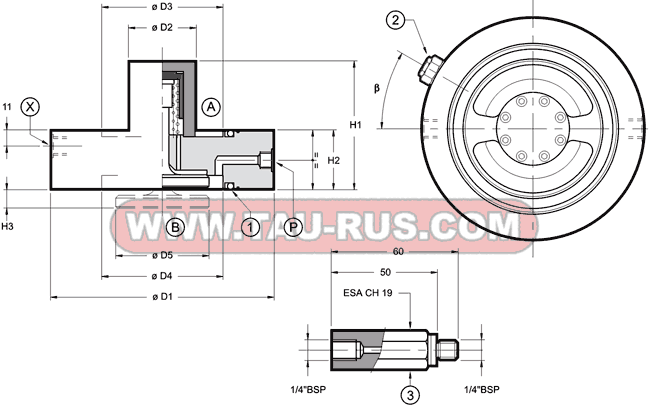 Габаритные размеры клапана наполнения CFP-S032/0(P)/10N, CFP-S040/0(P)/10N, CFP-S050/0(P)/10N, CFP-S063/0(P)/10N, CFP-S100/0(P)/10N