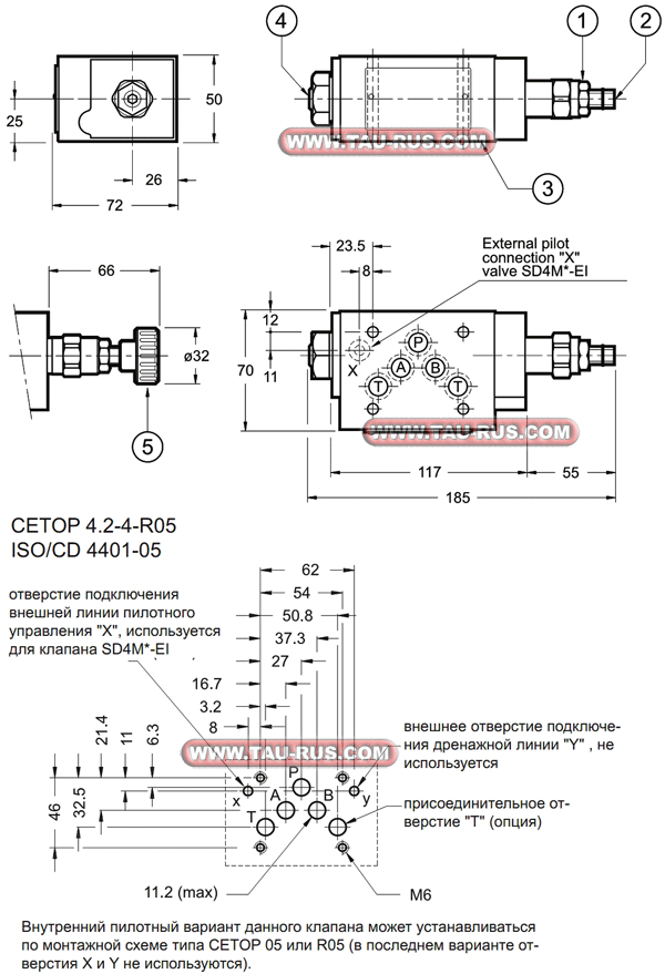 Габаритные и присоединительные размеры клапанов SD4M4/M1/50, SD4M5/M1/50, SD4M3/M1/50