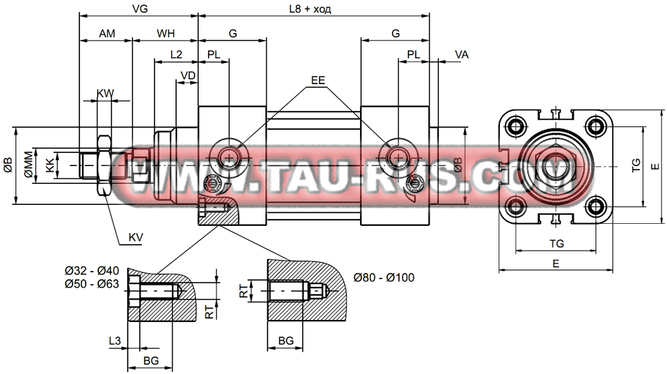 Габаритные и присоединительные размеры пневмоцилиндров 1386.32...01, 1386.40...01, 1386.50...01, 1386.63...01, 1386.80...01, 1386.100...01 стандарта ISO 15552