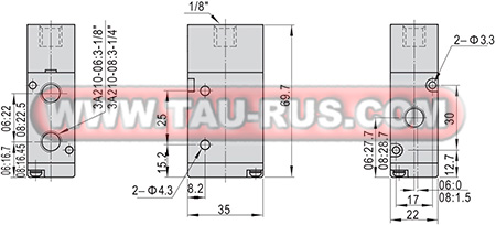 Габаритные и присоединительные размеры пневмораспределителей 3A210-06, 3A210-08