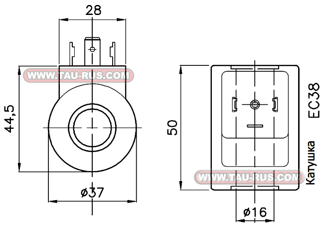 Размеры катушки EC38 24 Вт постоянного действия ED 100%