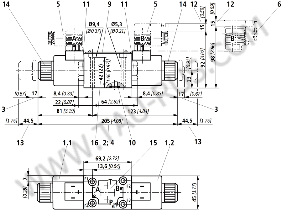 Габаритные и присоединительные размеры гидрораспределителей ВЕ6 14 Г24 (В110, В220), ВЕ6 24 Г24 (В110, В220), ВЕ6 34 Г24 (В110, В220), ВЕ6 44 Г24 (В110, В220), ВЕ6 64 Г24 (В110, В220)