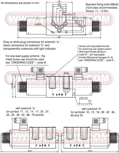 Размеры гидрораспределителей RH10001-024(110,220), RH10011-024(110,220), RH10021-024(110,220), RH10041-024(110,220), RH10051-024(110,220), RH10101-024(110,220), RH10111-024(110,220), RH10121-024(110,220), RH10131-024(110,220), RH10331-024(110,220)