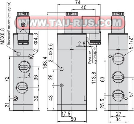 Габаритные и присоединительные размеры пневмораспределителя 4V410-15
