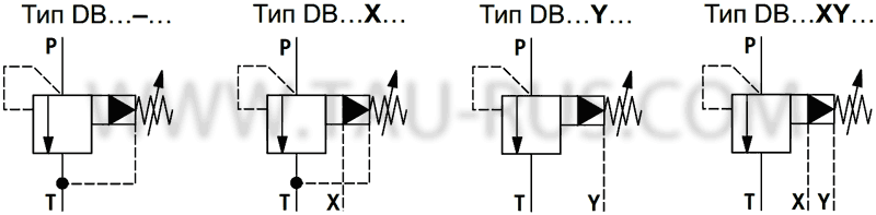 Гидросхемы подвода и отвода масла гидроклапанов давления Rexroth DB10-2-5X/50, DB10-2-5X/100, DB10-2-5X/200, DB10-2-5X/315, DB10-2-5X/350, DB20-2-5X/100, DB20-2-5X/200, DB20-2-5X/350, DB30-2-5X/200, DB30-2-5X/315, DB30-2-5X/350
