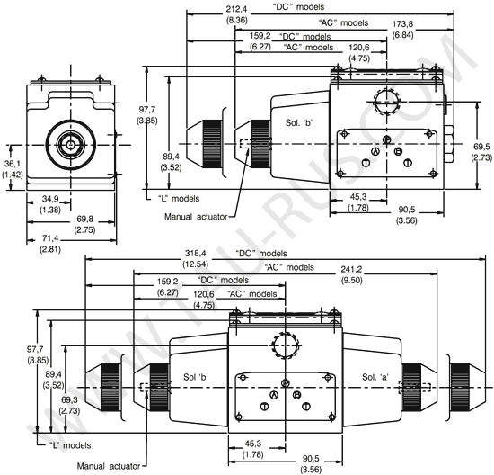 Габаритные и присоединительные размеры гидрораспределителей Vickers DG4S4-01...-60