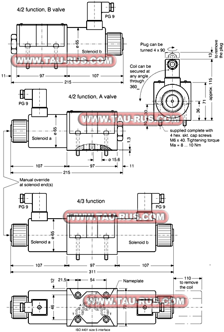 Размеры гидрораспределителей WEDE-43-H(G,D,J)-10-V-24VDC(115VAC,230VAC), WEDE-42-A(B,AD,AH,BD,BH)-10-V-24VDC(115VAC,230VAC)