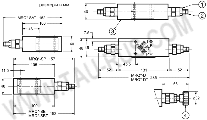 Габаритные и присоединительные размеры Клапан предохранительный MRQ | Гидроклапан MRQ (3,4,5,6)-DT(SP,SAT,SBT,SB,D) / 51 / M1 / V