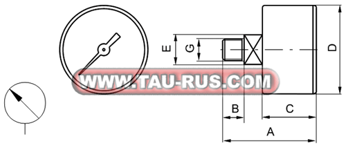 Размеры и обозначение на схеме манометров 17070A.*, 17070B.*