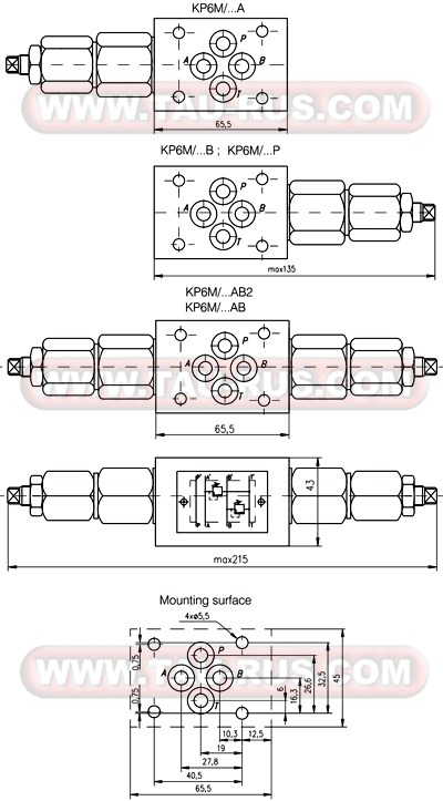 Размеры клапанов предохранительных KP6M/10-AB(AB2,A,B,T), KP6M/20-AB(AB2,A,B,T), KP6M/30-AB(AB2,A,B,T) Размеры клапанов предохранительных KP6M/10-AB(AB2,A,B,T), KP6M/20-AB(AB2,A,B,T), KP6M/30-AB(AB2,A,B,T)