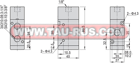 Габаритные и присоединительные размеры пневмораспределителей 3A310-08, 3A310-10