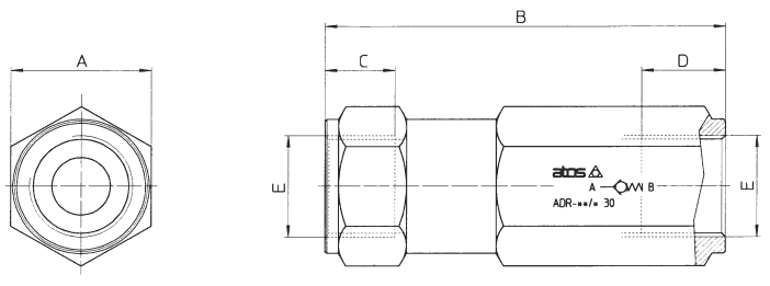 Размеры клапанов обратных ADR-06, ADR-10, ADR-15, ADR-20, ADR-25, ADR-32