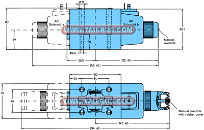 Размеры гидрораспределителей 4D02 3111 0101 B1W01(W02), 4D02 3201 0302 B1W01(W02), 4D02 3203 0302 B1W01(W02), 4D02 3207 0302 B1W01(W02), 4D02 3208 0302 B1W01(W02)