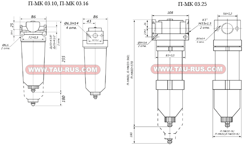 Размеры фильтра тонкой очистки П-МК 03.16, П-МК03.10, П-МК03.25