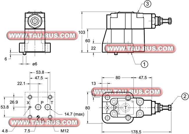 Габаритные и присоединительные размеры клапанов RQR3-P*