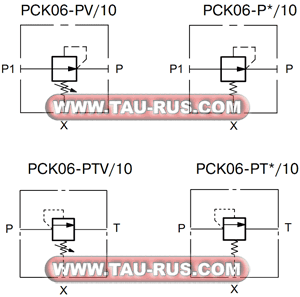 Обозначение (гидросхема) компненсаторов давления PCK06-PTV/10N, PCK06-PV/10N Обозначение (гидросхема) компненсаторов давления PCK06-PTV/10N, PCK06-PV/10N
