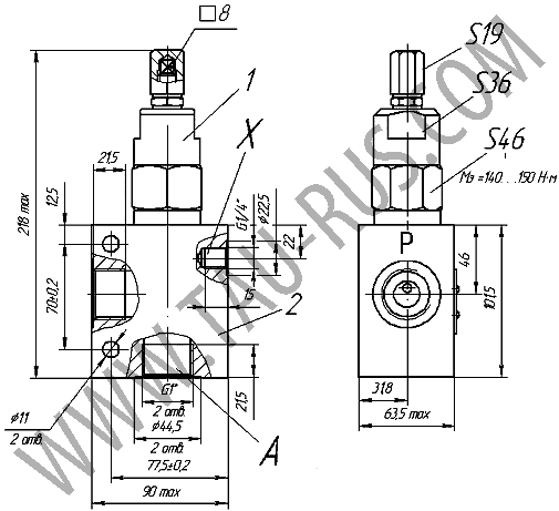 Габаритные и присоединительные гидроклапана 1КТУ20.00 (клапан в корпусе)