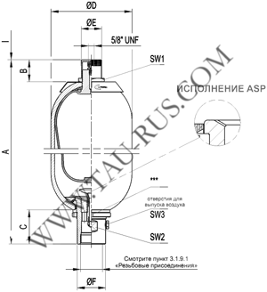 Параметры и размеры гидроаккумуляторов AS3P360CA7V-1-11-C0C0/0, AS5P360CA7V-1-11-C0C0/30, AS10P360CA9V-1-11-C0C0/0, AS20P360CA9V-1-11-C0C0/0, AS35P360CA9V-1-11-C0C0/0