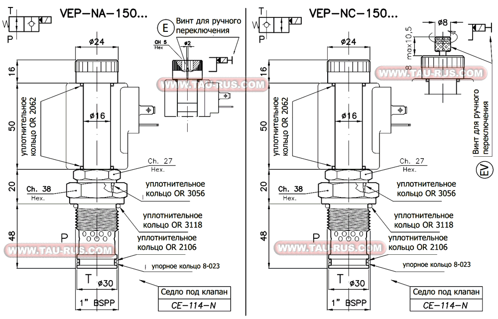 Габаритные и монтажные размеры клапанов 005.561.E00_VEP-NC*, 005.560.E00_VEP-NA*