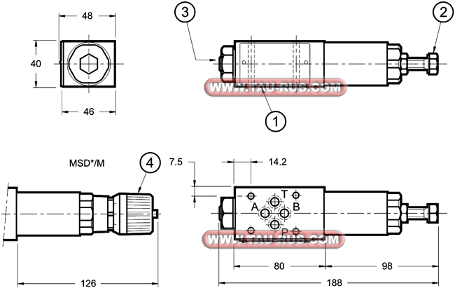 Габаритные и присоединительные размеры клапанов MSD3/M/50, MSD4/M/50, MSD3/50, MSD4/50