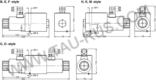 Размеры гидрораспределителей D3W2СNJW, D3W6СNJW, D3W4СNJW, D3W1СNJW, D3W8(9)СNJW, D3W20B(H)NJW, D3W26B(H)NJW (Parker)