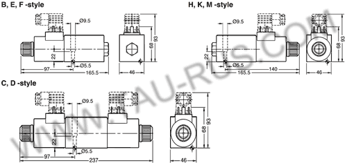 Размеры гидрораспределителей D1VW2СNJW, D1VW6СNJW, D1VW4СNJW, D1VW1СNJW, D1VW8(9)СNJW, D1VW20B(H)NJW, D1VW26B(H)NJW (Parker)