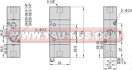 Габаритные и присоединительные размеры пневмораспределителей 3A220-06, 3A220-08 Габаритные и присоединительные размеры пневмораспределителей 3A220-06, 3A220-08