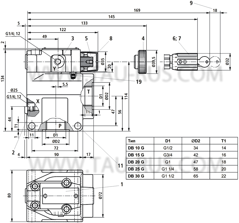 Присоединительные и габаритные размеры клапанов Rexroth DBW10(20,30)-AG2-5X/100-6EG24(W230)N9K4, DBW10(20,30)-AG2-5X/200-6EG24(W230)N9K4, DBW10(20,30)-AG2-5X/315-6EG24(W230)N9K4, DBW10(20,30)-BG2-5X/100-6EG24(W230)N9K4, DBW10(20,30)-BG2-5X/200-6EG24(W230)N9K4, DBW10(20,30)-BG2-5X/315-6EG24(W230)N9K4