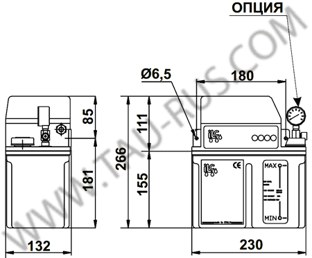Габаритные и присоединительные размеры станции CME с баком 3,6 литра