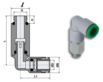 Фитинг цанговый угловой высокий поворотный чертёж, фото