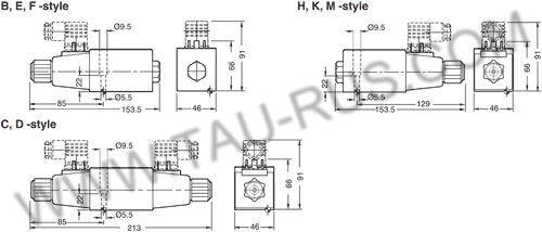 Размеры гидрораспределителей D1VW2СNY(T)W, D1VW6СNY(T)W, D1VW4СNY(T)W, D1VW1СNY(T)W, D1VW8(9)СNY(T)W, D1VW20B(H)NY(T)W, D1VW26B(H)NY(T)W (Parker)