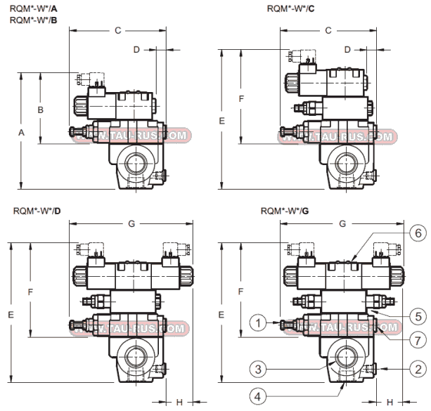 Размеры клапанов RQM5-W6/A/60N-D24K1, RQM5-W5/B/M/60N-A110K1, RQM5-W6/C/M/60N-A230K1, RQM7-W6/A/60N-D24K1, RQM7-W5/B/M/60N-A110K1, RQM7-W6/C/M/60N-A230K1