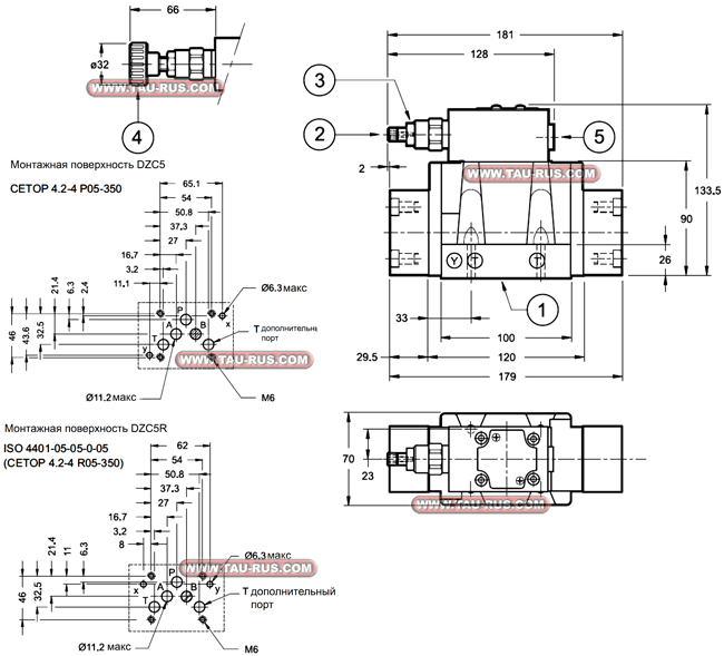 Габаритные и присоединительные размеры клапанов балансировочных DZC5-070/10N-II/K1, DZC5-140/10N-IE, DZC5-210/10N-IE
