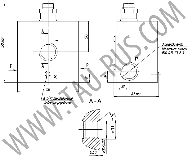 Габаритные и присоединительные размеры клапанов 20-10-1-11У, 20-20-1-11У, 20-32-1-11У