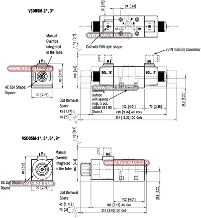Размеры гидрораспределителей VSD05M-3A-A-42L(33L,34L), VSD05M-3B-A-42L(33L,34L), VSD05M-3G-A-42L(33L,34L), VSD05M-3F-A-42L(33L,34L), VSD05M-3L-A-42L(33L,34L)